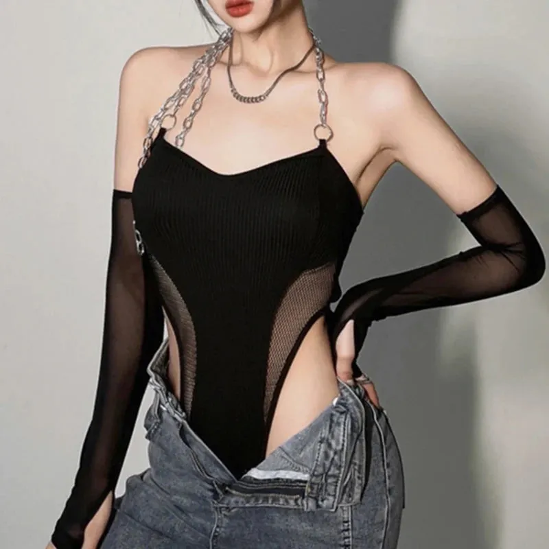 'Weeping Rose' Black Mesh Goth Chain Bodysuit