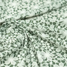 White Flower Lace Pattern on Sage Printed Spandex Fabric | Blue Moon Fabrics